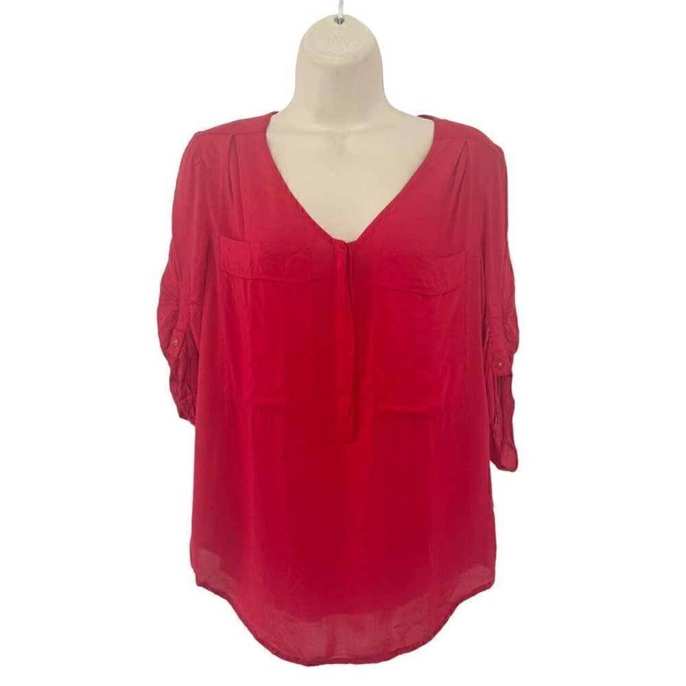 Anthropologie Maeve Woman's Sz XS Red Roll Tab Sleeve V Neck Popover Top Blouse